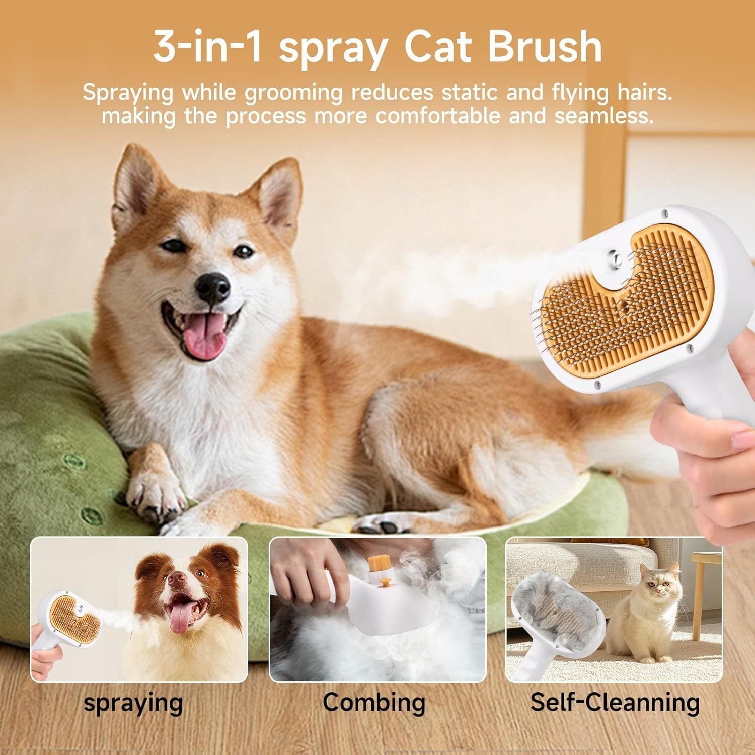 HKM-358803 3-in-1 Pet Steam Brush for Dogs and Cats with Spray, Waterless Shampoo and Ear Wipes