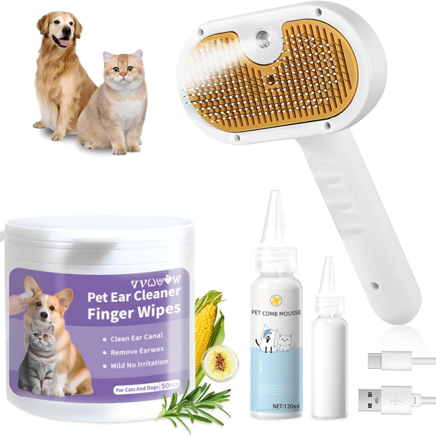 HKM-358803 3-in-1 Pet Steam Brush for Dogs and Cats with Spray, Waterless Shampoo and Ear Wipes