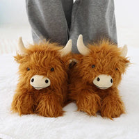 HKM-358931 Highland Cow Plush Slippers for Kids and Adults - Soft and Cute Winter House Shoes