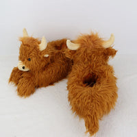 HKM-358931 Highland Cow Plush Slippers for Kids and Adults - Soft and Cute Winter House Shoes