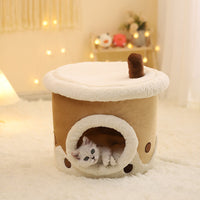 HKM-359059 Cartoon Cat Litter Enclosure Milk Tea Cup Style Pet Nest