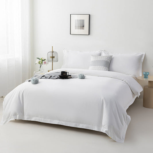 HKM-359251 Pure White Long-Staple Cotton Four-Piece Bedding Set with Bed Sheet, Quilt Cover, and Pillowcases