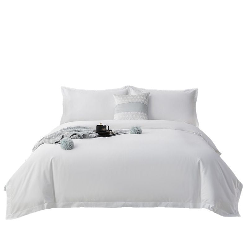 HKM-359251 Pure White Long-Staple Cotton Four-Piece Bedding Set with Bed Sheet, Quilt Cover, and Pillowcases