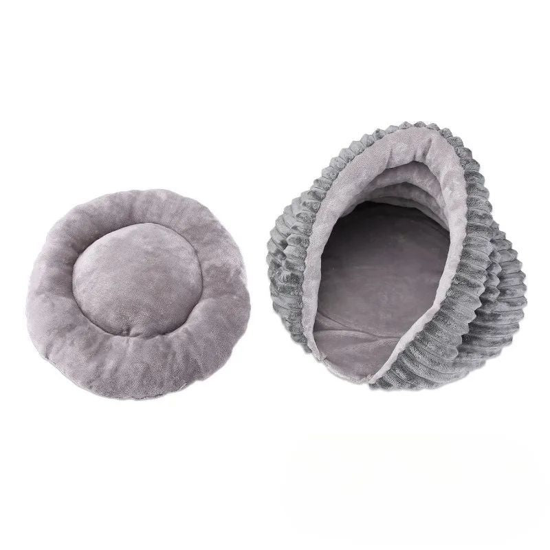 HKM-359443 Cozy Foldable Cat Sleeping Bag with Detachable Conch Pocket - Gray Velvet, 45x45x30cm