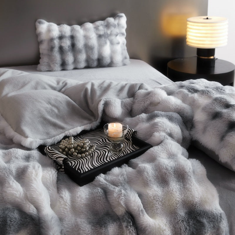 HKM-359571 Fur Velvet Fitted Sheet Set - Four-Piece Bedding Collection for 1.5m, 1.8m, and 2.0m Beds