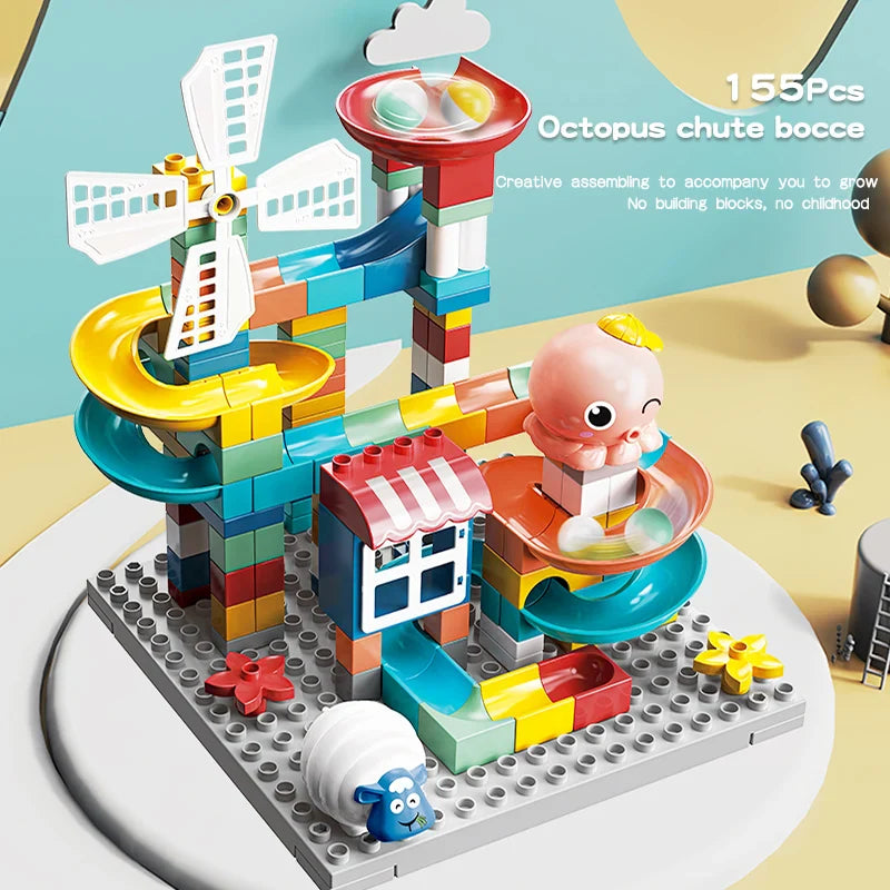 HKM-359827 155-Piece DIY Marble Race Building Blocks Set - Creative 3D Slide Track for Kids Ages 3 and Up