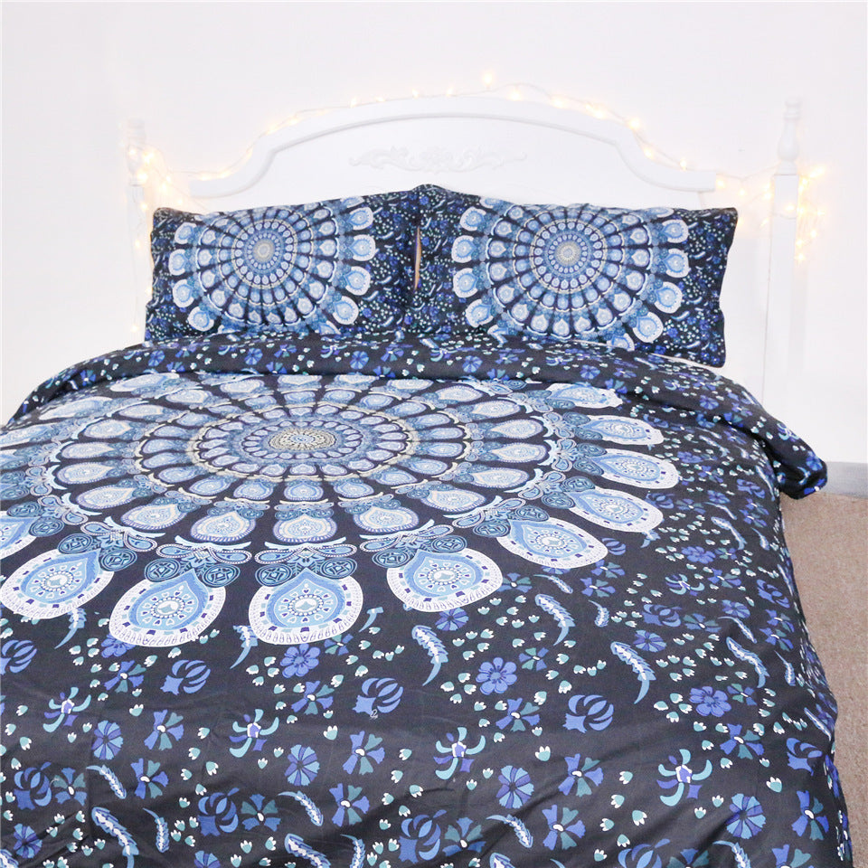HKM-360019 Blue Peacock Pattern Polyester Fiber Bedding Set - Available in Twin, Full, Queen, and King Sizes