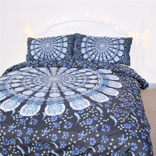 HKM-360019 Blue Peacock Pattern Polyester Fiber Bedding Set - Available in Twin, Full, Queen, and King Sizes