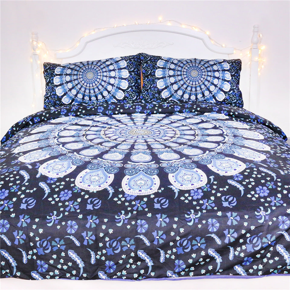 HKM-360019 Blue Peacock Pattern Polyester Fiber Bedding Set - Available in Twin, Full, Queen, and King Sizes
