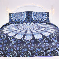 HKM-360019 Blue Peacock Pattern Polyester Fiber Bedding Set - Available in Twin, Full, Queen, and King Sizes