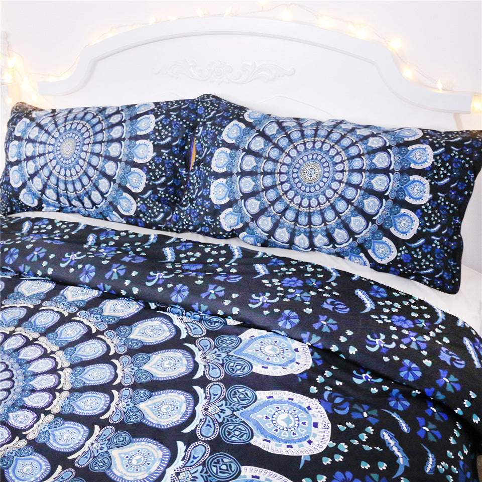 HKM-360019 Blue Peacock Pattern Polyester Fiber Bedding Set - Available in Twin, Full, Queen, and King Sizes