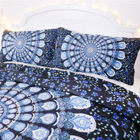 HKM-360019 Blue Peacock Pattern Polyester Fiber Bedding Set - Available in Twin, Full, Queen, and King Sizes