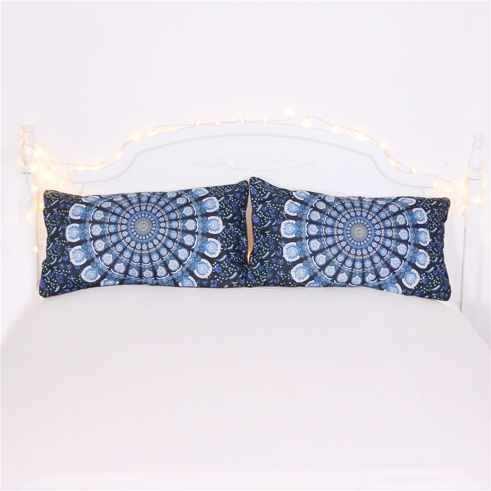 HKM-360019 Blue Peacock Pattern Polyester Fiber Bedding Set - Available in Twin, Full, Queen, and King Sizes
