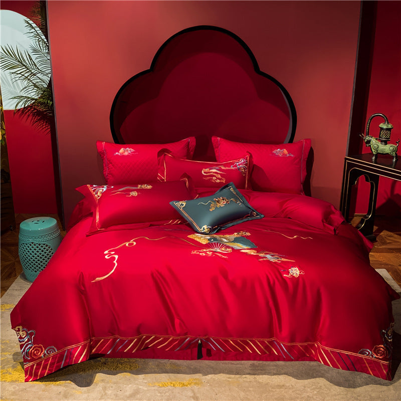 HKM-360403 Four-Piece Red Wedding Bedding Set in Long-Staple Cotton with Embroidery