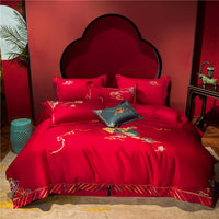 HKM-360403 Four-Piece Red Wedding Bedding Set in Long-Staple Cotton with Embroidery