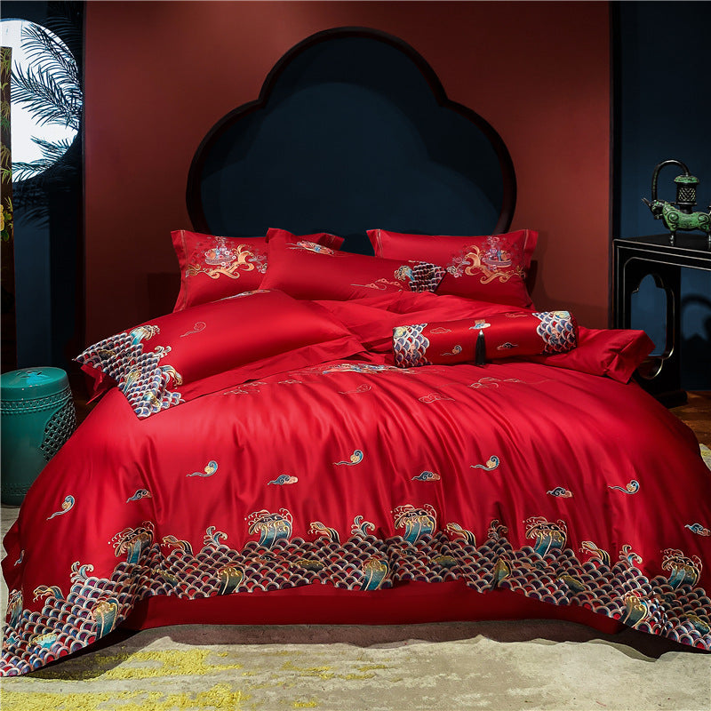HKM-360403 Four-Piece Red Wedding Bedding Set in Long-Staple Cotton with Embroidery