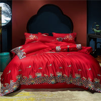 HKM-360403 Four-Piece Red Wedding Bedding Set in Long-Staple Cotton with Embroidery