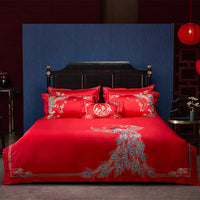 HKM-360403 Four-Piece Red Wedding Bedding Set in Long-Staple Cotton with Embroidery