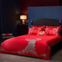 HKM-360403 Four-Piece Red Wedding Bedding Set in Long-Staple Cotton with Embroidery