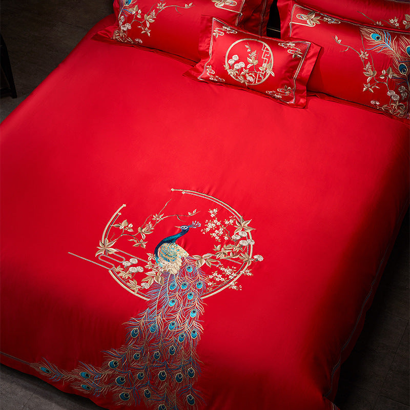 HKM-360403 Four-Piece Red Wedding Bedding Set in Long-Staple Cotton with Embroidery
