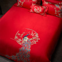 HKM-360403 Four-Piece Red Wedding Bedding Set in Long-Staple Cotton with Embroidery
