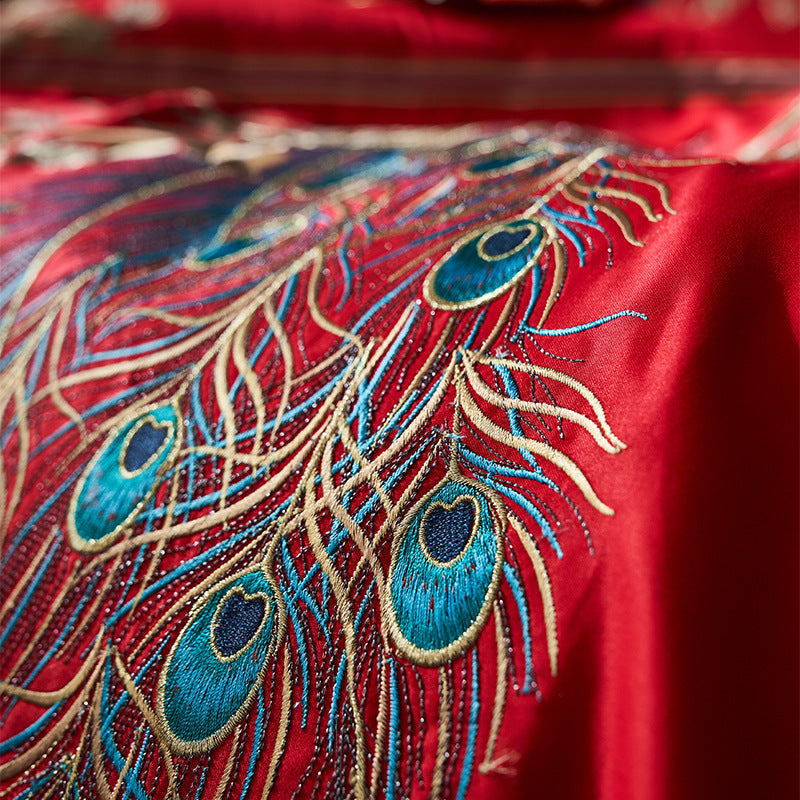 HKM-360403 Four-Piece Red Wedding Bedding Set in Long-Staple Cotton with Embroidery