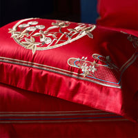 HKM-360403 Four-Piece Red Wedding Bedding Set in Long-Staple Cotton with Embroidery