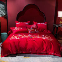 HKM-360403 Four-Piece Red Wedding Bedding Set in Long-Staple Cotton with Embroidery