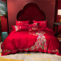 HKM-360403 Four-Piece Red Wedding Bedding Set in Long-Staple Cotton with Embroidery