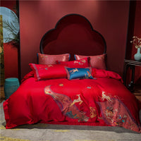 HKM-360403 Four-Piece Red Wedding Bedding Set in Long-Staple Cotton with Embroidery