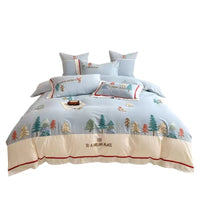 HKM-361235 Cotton Bedding Set with Geometric and Floral Patterns - Four-Piece Embroidered Collection