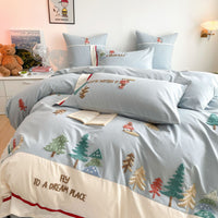 HKM-361235 Cotton Bedding Set with Geometric and Floral Patterns - Four-Piece Embroidered Collection