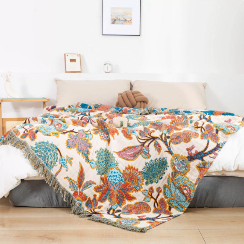 HKM-361235 Floral and Plant Design Woven Cotton Gauze Towel Blanket in Multiple Sizes