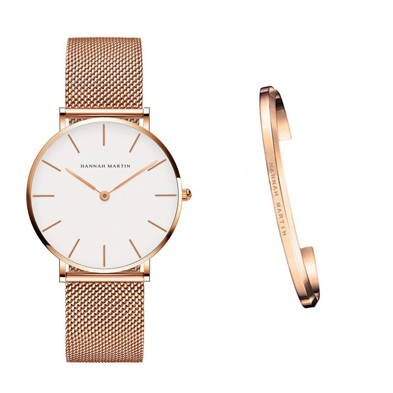 HKM-362131 Stainless Steel Mesh Women's Watch, 36mm Round Dial, Waterproof, Quartz Movement, Rose Gold