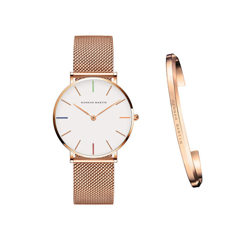 HKM-362131 Stainless Steel Mesh Women's Watch, 36mm Round Dial, Waterproof, Quartz Movement, Rose Gold