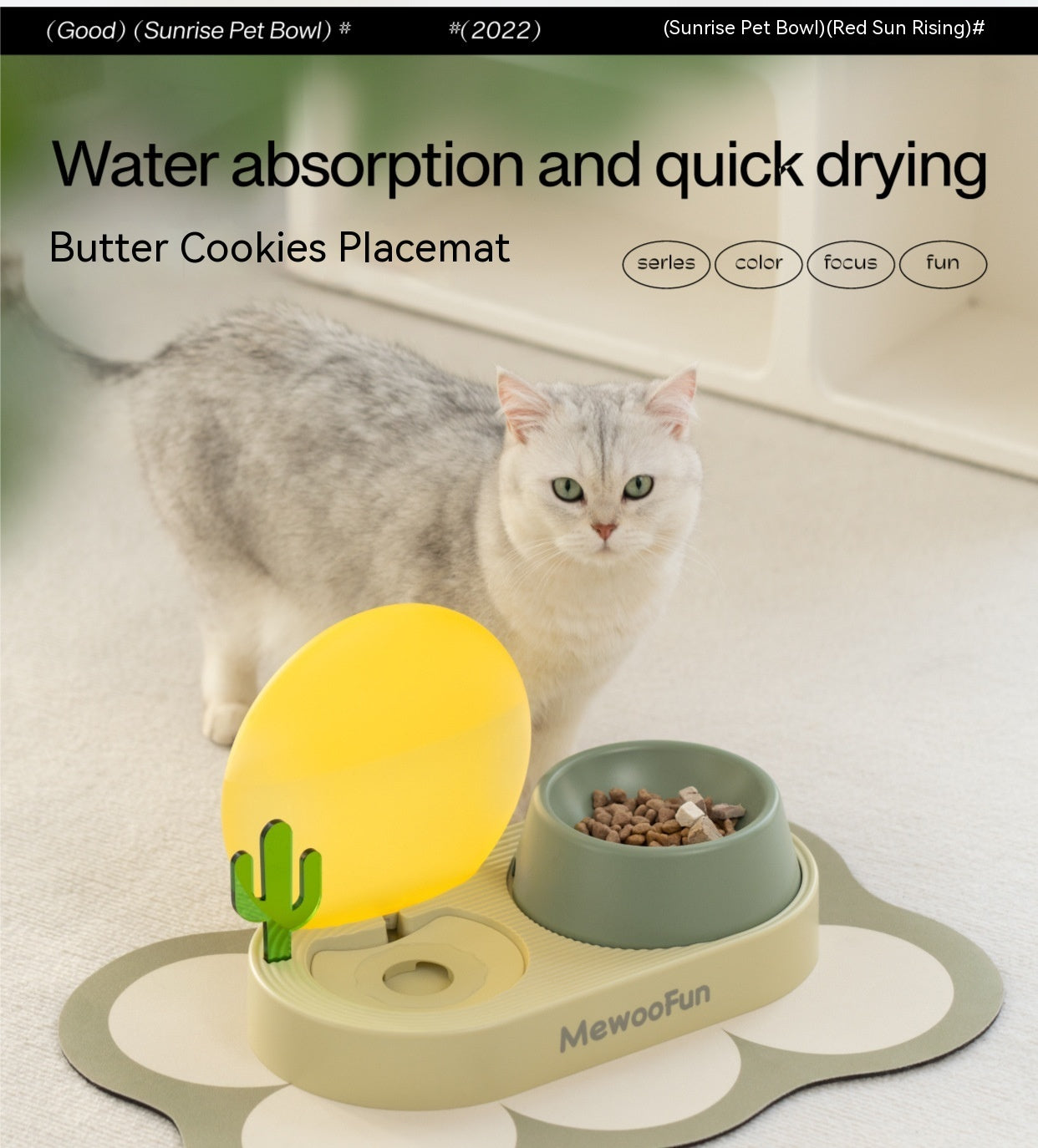 HKM-362579 Cat Double Bowl Drinking Water and Rice Basin - Light Wisteria and Willow Green Tea Plastic Pet Tableware