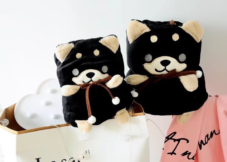 HKM-362707 Shiba Inu Flannel Air Conditioning Blanket - Small Doll Design - Two Sizes Available