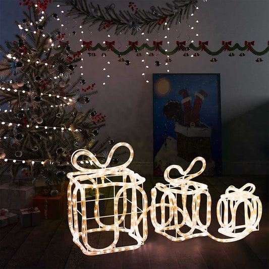 HKM-363667 3D Christmas Gift Box Decorations with 180 Warm White LEDs, Waterproof Indoor Outdoor Holiday Decor