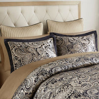 HKM-363859 12 Piece Elegant Queen Bed Set with Cotton Sheets and Decorative Pillows in Black and Gold