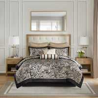 HKM-363859 12 Piece Elegant Queen Bed Set with Cotton Sheets and Decorative Pillows in Black and Gold