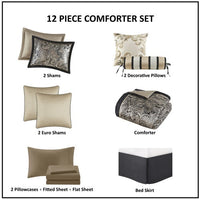 HKM-363859 12 Piece Elegant Queen Bed Set with Cotton Sheets and Decorative Pillows in Black and Gold