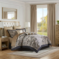 HKM-363859 12 Piece Elegant Queen Bed Set with Cotton Sheets and Decorative Pillows in Black and Gold