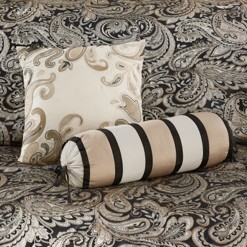HKM-363859 12 Piece Elegant Queen Bed Set with Cotton Sheets and Decorative Pillows in Black and Gold