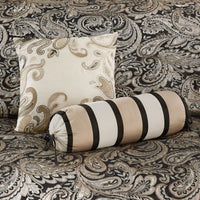 HKM-363859 12 Piece Elegant Queen Bed Set with Cotton Sheets and Decorative Pillows in Black and Gold