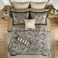 HKM-363859 12 Piece Elegant Queen Bed Set with Cotton Sheets and Decorative Pillows in Black and Gold