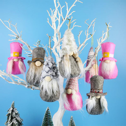 HKM-365139 Festive Plush Old Man Doll Ornament - Christmas Window Decoration, Grey & Pink, 16cm