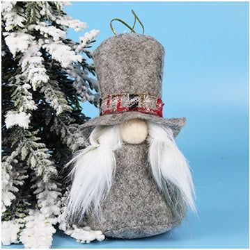 HKM-365139 Festive Plush Old Man Doll Ornament - Christmas Window Decoration, Grey & Pink, 16cm