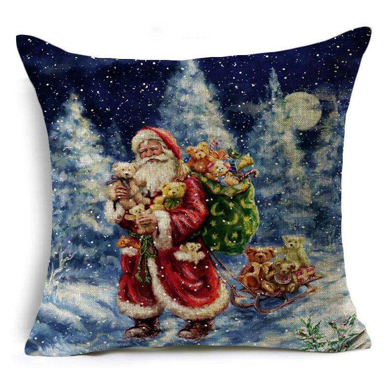 HKM-365139 Santa Claus Cartoon Printed Linen Pillowcase for Holiday Decor, 45 x 45cm