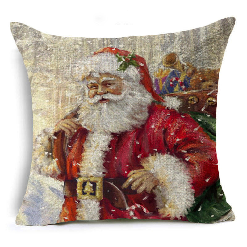 HKM-365139 Santa Claus Cartoon Printed Linen Pillowcase for Holiday Decor, 45 x 45cm
