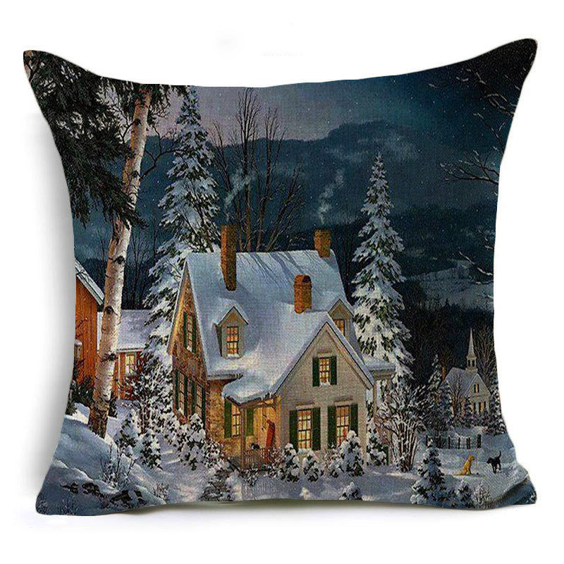 HKM-365139 Santa Claus Cartoon Printed Linen Pillowcase for Holiday Decor, 45 x 45cm
